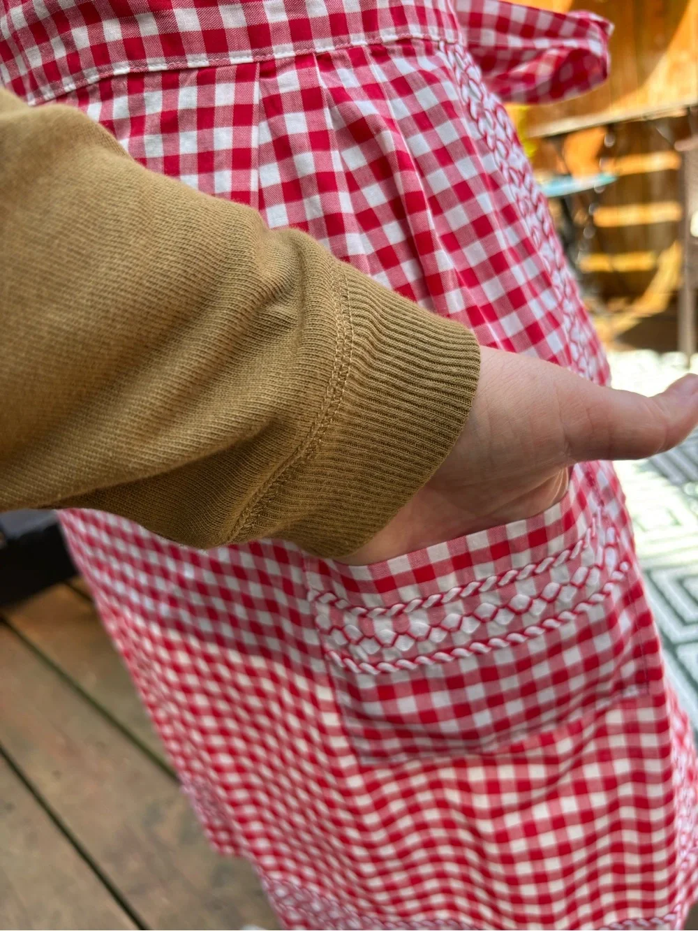 Vintage Red & White Gingham Half Apron with Pockets & Woven Detail Cottagecore